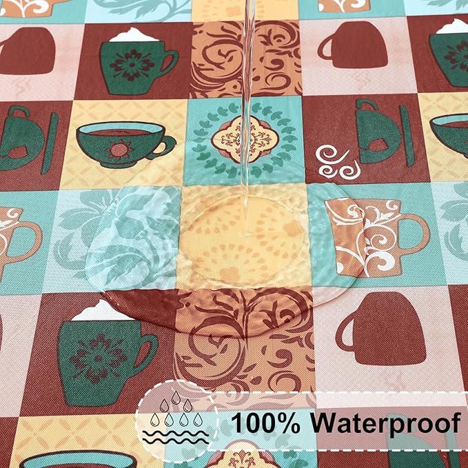 misaya Rectangle Vinyl Tablecloth, Fitted Table Cover, 100% Waterproof, Elastic Edge, Flannel Backing, Plastic Table Cloth Fit 8 Foot Folding Tables for Picnic, Outdoor (Patterned Cups, 30x96 inch)