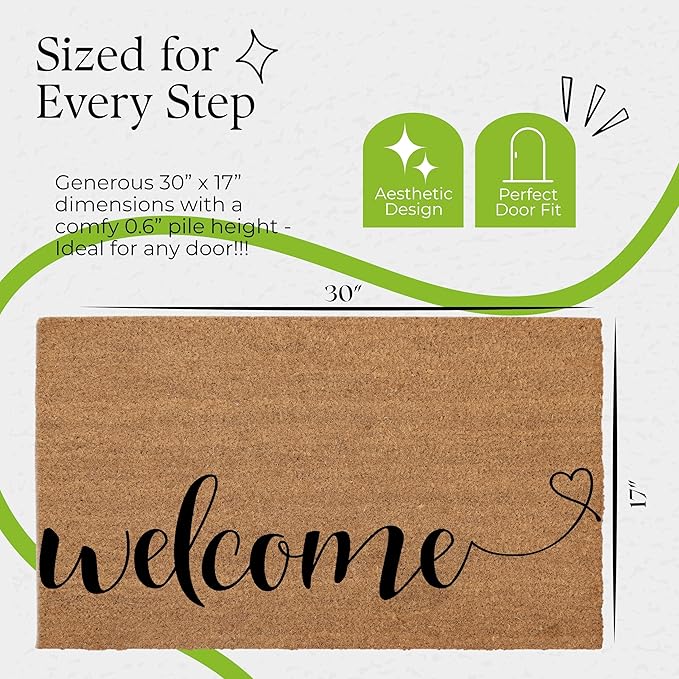 COCONIQ Coir Door Mats 17" X 30", Non-Slip Sturdy, PVC Backed Heavy Duty, Easy to Clean, Ideal for Door Entrance, Patio, Porch, Backyard, Garages, Welcome with Love