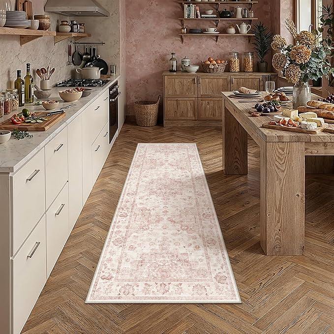 2x6 Washable Neutral Runner Rug Pink Vintage Hallway Kitchen Carpet Non-Slip Soft Low Pile Farmhouse Throw Rug for Bedroom Bathroom Laundry Living Room