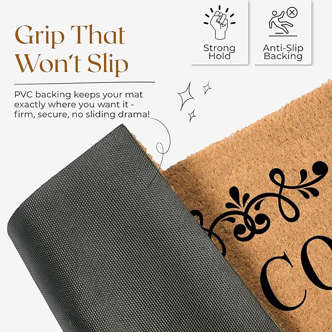 COCONIQ Coir Door Mats 17" X 30", Non-Slip Sturdy, PVC Backed Heavy Duty, Easy to Clean, Ideal for Door Entrance, Patio, Porch, Backyard, Garages, Welcome Floral Border