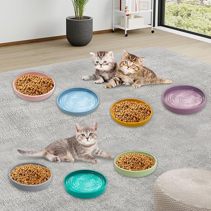 Silicone Cat Food Bowls Shallow Cat Dishes 5.9in Wide Pet Plates Set of 2 Small Flat Dog Saucer Bowl Cute Whisker Fatigue Kitten Feeding Dish for Dry & Wet Food (Round Bean Green)