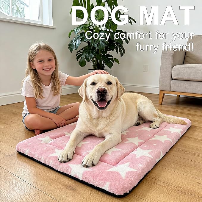 Dog Bed Mat – Soft & Comfortable Dog Kennel Pad for Crate – Durable Crate Bed & Mat for Dogs & Cats – Ideal for Crate, Kennel, and Home Use (Big&Little Stars Pink, L(35"*23"*1.5"))
