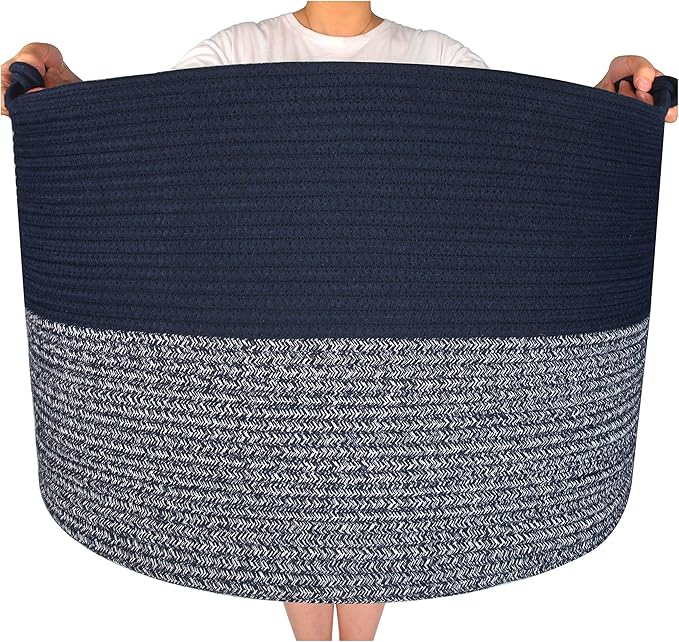 MINTWOOD Design Extra Large 22 x 16in Decorative Woven Cotton Rope Blanket Storage Basket Bin Living Room with Handles and Laundry Hamper for Pillows, Pool Towels, Dog Toys, Shoes, Navy Blue