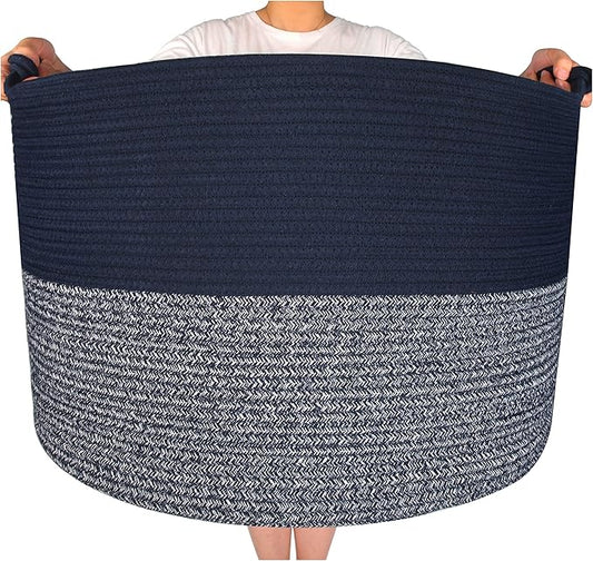 MINTWOOD Design Extra Large 22 x 16in Decorative Woven Cotton Rope Blanket Storage Basket Bin Living Room with Handles and Laundry Hamper for Pillows, Pool Towels, Dog Toys, Shoes, Navy Blue