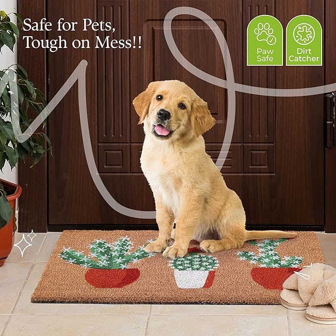 COCONIQ Coir Door Mats 17" X 30", Non-Slip Sturdy, PVC Backed Heavy Duty, Easy to Clean, Ideal for Door Entrance, Patio, Porch, Backyard, Garages, Sparkling Cactus