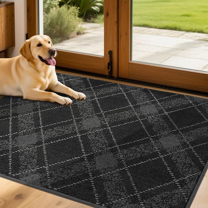 COSY HOMEER Plaid Door Mat 32" x 48",Dirt Trapper Entryway Rugs,Non-Slip Washable Farmhouse Doormat,Low Profile Welcome Mats for Paws Dark Grey