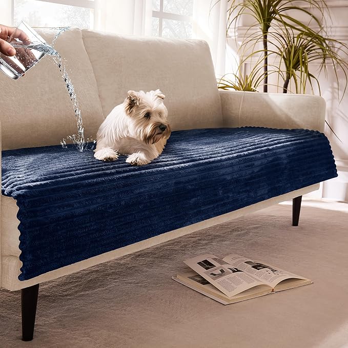 Meider Dual Non-Slip Couch Cover for Dogs Waterproof, Fuzzy Soft Pet Couch Covers for Sofa 3 Cushion, Pet Friendly Soft Dog Bed Covers Sofa Cover Washable (Navy Blue, 33" x 95" 1 Pack)