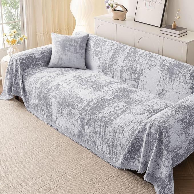 hyha Couch Cover for Dogs, Boho Sofa Covers for 3 Cushion Couch Washable, Chenille Sofa Slipcover for Pets, Soft Loveseat Sectional Couch Throw Blankets with Tassels (Grey/White, 88.5x134 Inch)