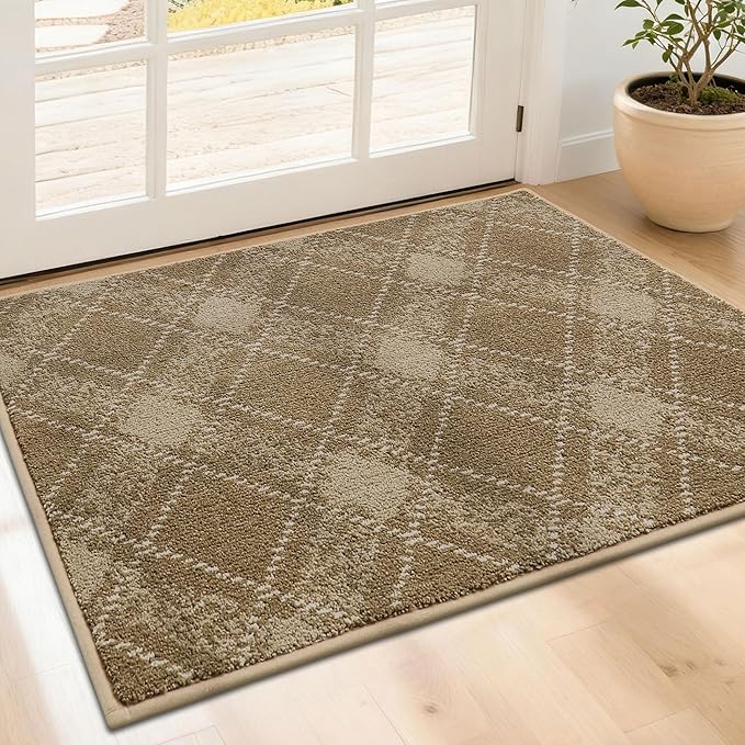 COSY HOMEER Plaid Door Mat 24" x 36",Dirt Trapper Entryway Rugs,Non-Slip Washable Farmhouse Doormat,Low Profile Welcome Mats for Paws Taupe