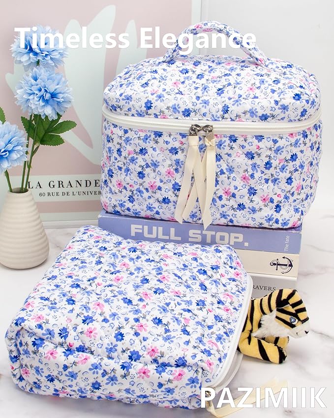 PAZIMIIK Quilted Makeup Bag Large Travel Zipper Soft Cosmetic Pouch for Women Girls Make Up,Floral Blue