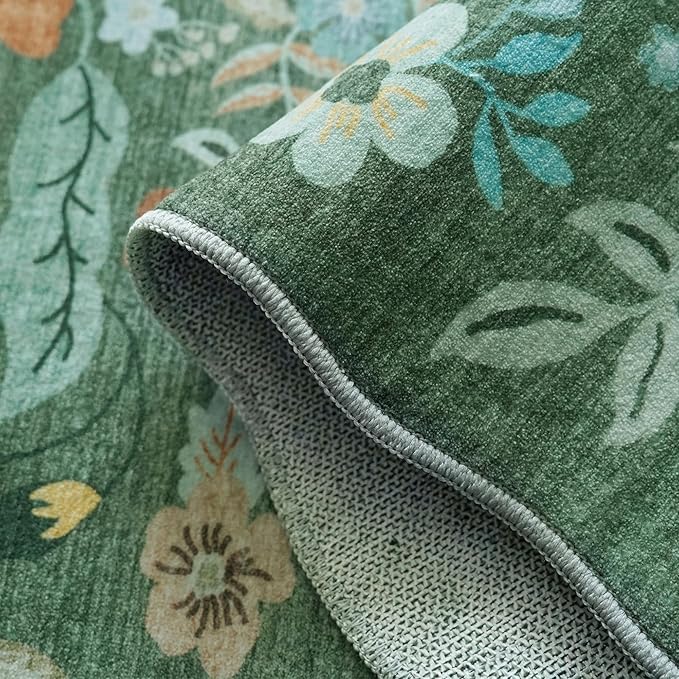 Washable 3x10 Hallway Runner Rug: Floral Scalloped Soft Runners for Entryway Kitchen Nursery Non Slip Bathroom Floor Mat Water Resistant Light Weight Carpet for Living Room Bedroom (3x10 Floral/Green)