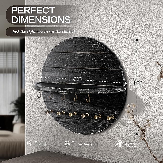 Rebee Vision Pine Wood Key Holder Wall Mount Decorative - Round Wooden Rustic Key Holder for Wall with 11 Hooks and Shelf - Circular Design for Home Decor Aesthetic & Entryway (Old Black)