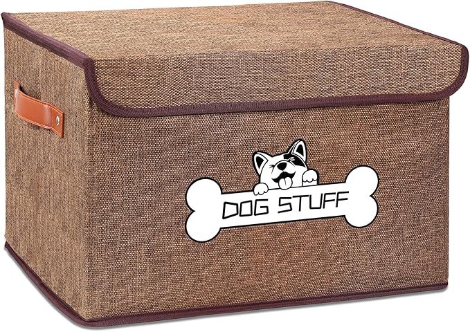 Thankspaw Fabric Dog Toy Box with Lid, Collapsible Storage Bin, Basket Organizer with Handle for Dog Toys, Blankets and Accessories, Coffee