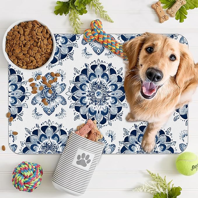 Mandala Flower Dog Food Mat for Floors,Blue Boho Floral Absorbent Quick-Dry Pet Feeding Mat,Cat Dog Bowl Mats for Food and Water,Non-Slip Pet Accessories Supplies 12"x20"