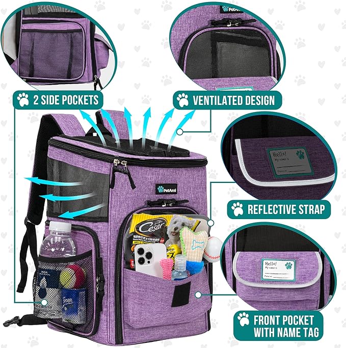 PetAmi Dog Backpack Carrier, Airline Approved 4-Way Entry Cat Backpack Carrier, Ventilated Mesh, Collapsible Pet Carrier for Small Puppy, Kitten, Hiking, Travel Car, Vet, up to 18 lbs, Purple