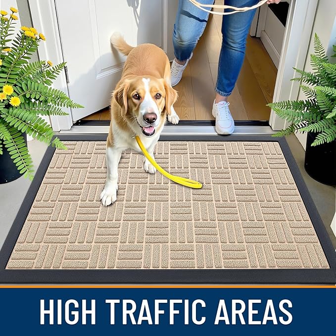 OLANLY Front Door Mat Outside Entrance 35x23, Absorbent, Heavy Duty Sturdy Natural Rubber Doormat Indoor Outdoor, Non-Slip, Stain and Fade Resistant, Low Profile Floor Mat for Entryway, Latte White
