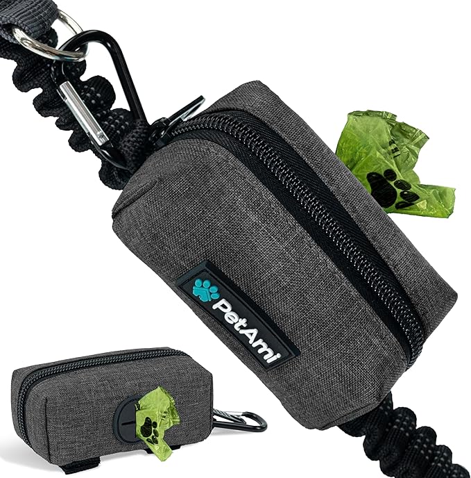 PetAmi Dog Poop Bag Holder for Leash, Dog Treat Pouch Leash, Pet Waste Bag Dispenser with Clip, Doggy Puppy Walking Accessories Supplies with 1 Dog Bag Roll (Charcoal Gray, 1 Pack)