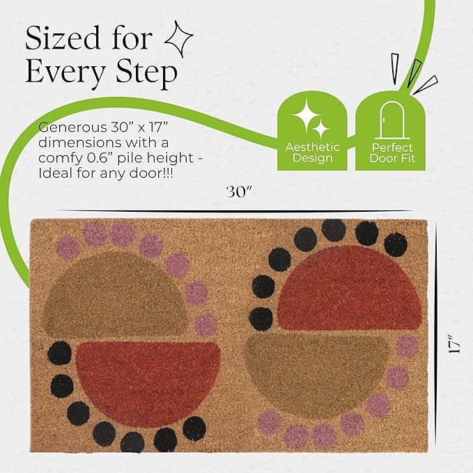 COCONIQ Coir Door Mats 17" X 30", Non-Slip Sturdy, PVC Backed Heavy Duty, Easy to Clean, Ideal for Door Entrance, Patio, Porch, Backyard, Garages, The Geo Circles