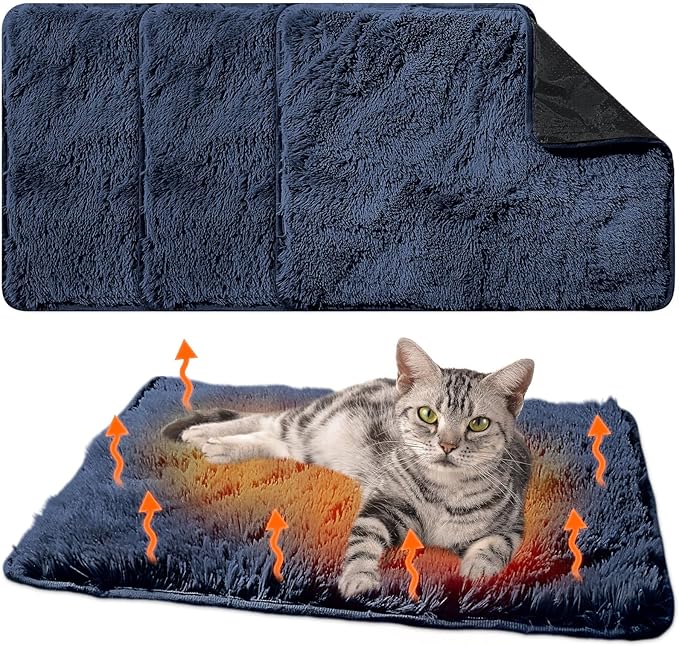 4 Pack Self Warming Cat Pad Self Heating Cat Mat Thick Faux Fur Plush Pet Bed Thermal Washable Dog Mat Anti Slip Bottom for Outdoor Indoor Pets(Navy,16" X 20")
