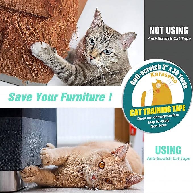 Karaseno Anti Cat Scratch Tape, 3 inches x 30 Yards Pet Training Tape, 100% Transparent Clear Double Sided Cat Scratch Deterrent Tape, Furniture Protector for Couch, Carpet, Doors, Pet & Kid Safe