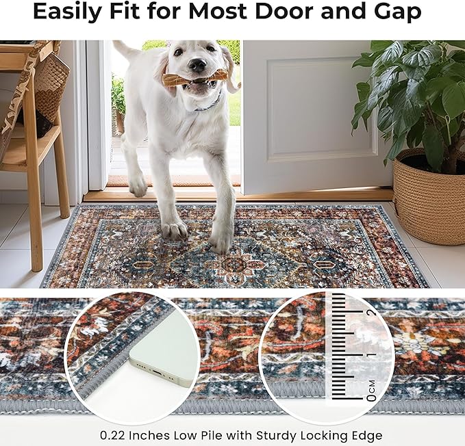 KOZYFLY Boho Round Rug 3 Ft Rugs for Entryway Washable Circle Rug Non Slip Doormat Printed Faux Wool Vintage Round Entryway Rug Floor Carpet Round for Entrance, Bedroom, Brick Red/Orange/Green