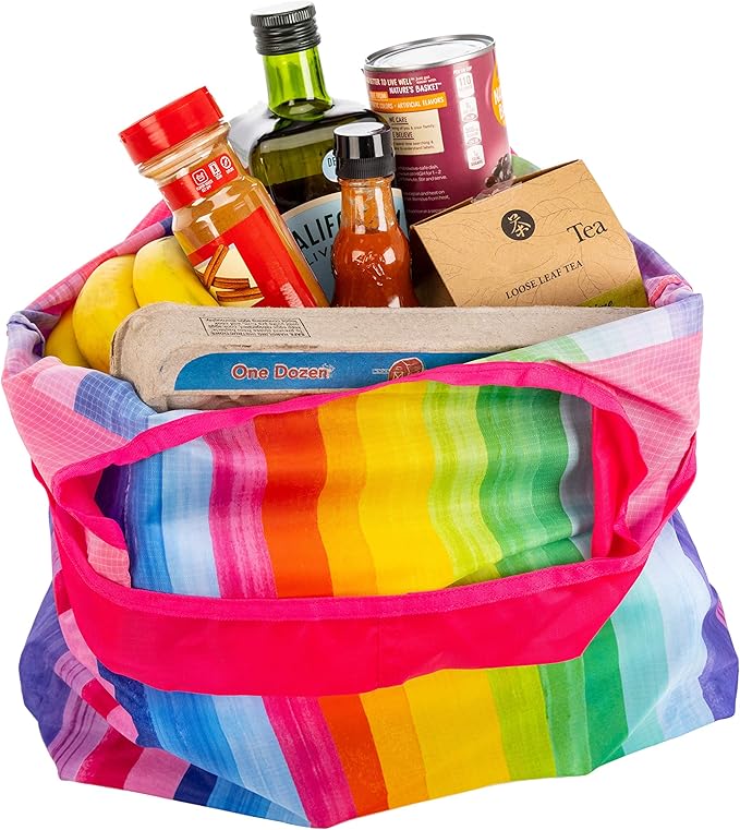 O-WITZ Reusable Grocery Bags | Vibrant Tote Bag For Groceries, Gym, Office Supplies, Beach, Toys & More | Washable Design With Large Handles For Maximum Convenience | Folds Into A Small Pouch, Rainbow