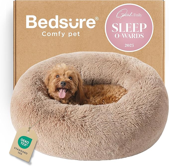 Bedsure Calming Dog Bed for Small Medium Dogs - Donut Washable Medium Puppy Bed, 27 inches Anti-Slip Round Fluffy Plush Faux Fur Pet Bed, Camel