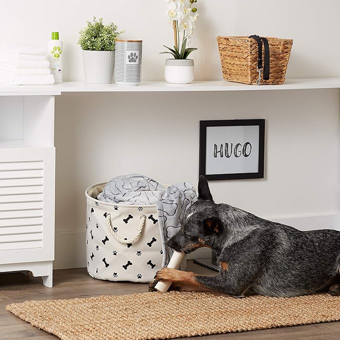 Bone Dry Pet Storage Collection Paw and Bone Print, Medium Round, 12x15x15", Black
