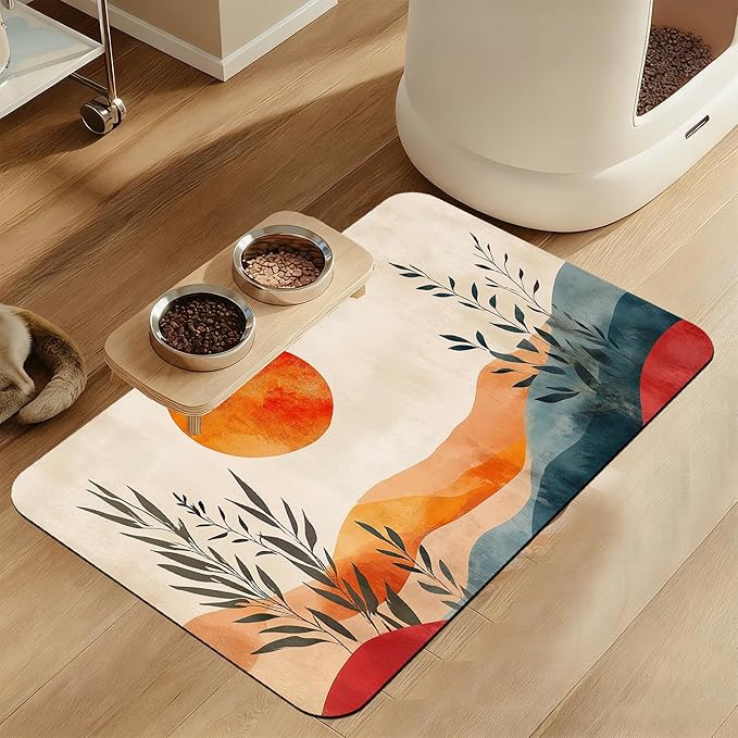 Boho Mountain Sun Pet Food Mat for Cats and Dogs–Absorbent Quick Dry Feeding Placemat, Non Slip Rubber Base, Waterproof Bowl Mat for Indoor Use, Pet Supplies 16"x24"