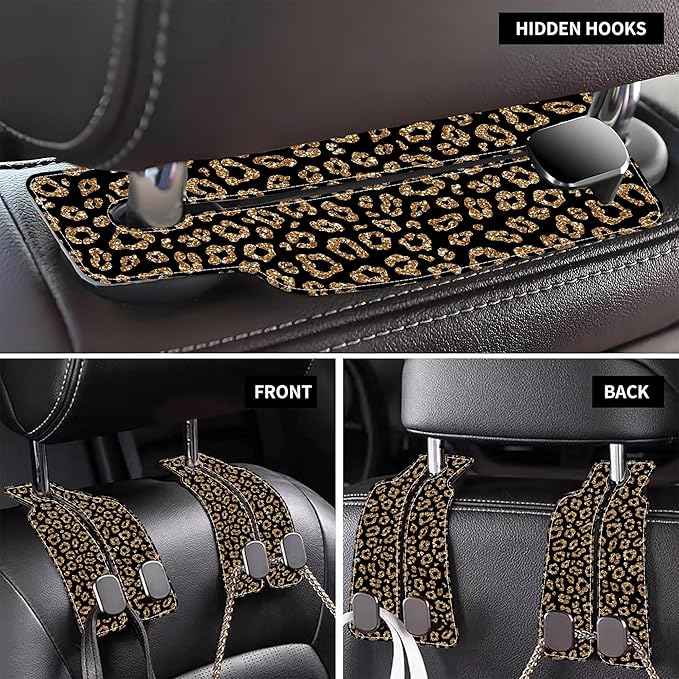 AEWNUNK Car Headrest Purse Hanger Abstract Gold Glitter Leopard 1 Pack Bag Purse Holder for Car Premium Leather Double Metal Hook for Handbags, Grocery Bags and Phones