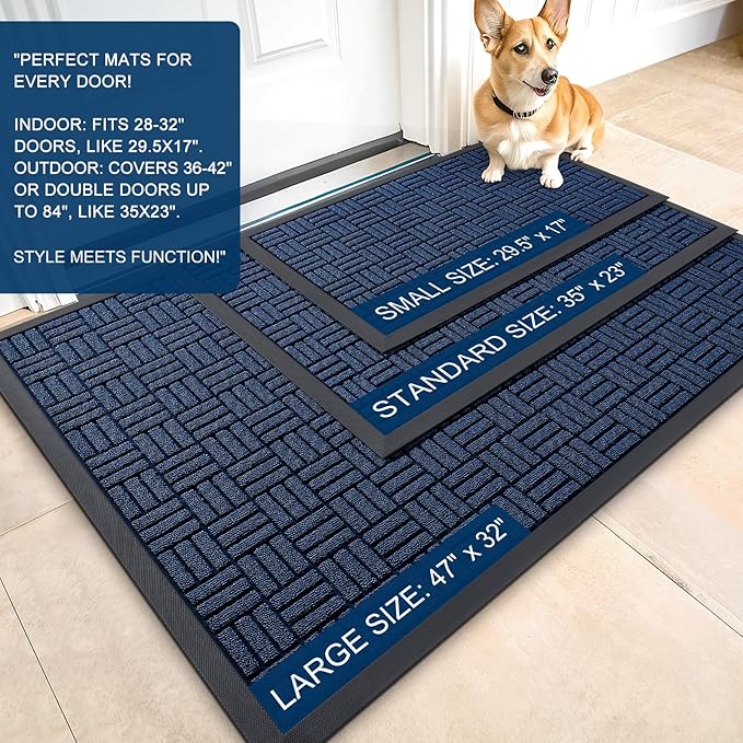 OLANLY Front Door Mat Outside Entrance 59x23, Absorbent, Heavy Duty Sturdy Natural Rubber Doormat Indoor Outdoor, Non-Slip, Stain and Fade Resistant, Low Profile Floor Mat for Entryway, Navy Blue