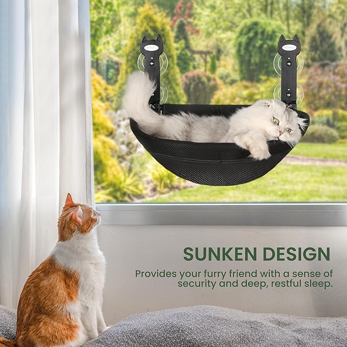HiPetpy Cat Window Perch, Foldable Cat Hammock with Sunken Design, Breathable Cordless Window Bed with Stud Metal Frame for Large Cats and Kitten (Black Deep Perch, Medium)