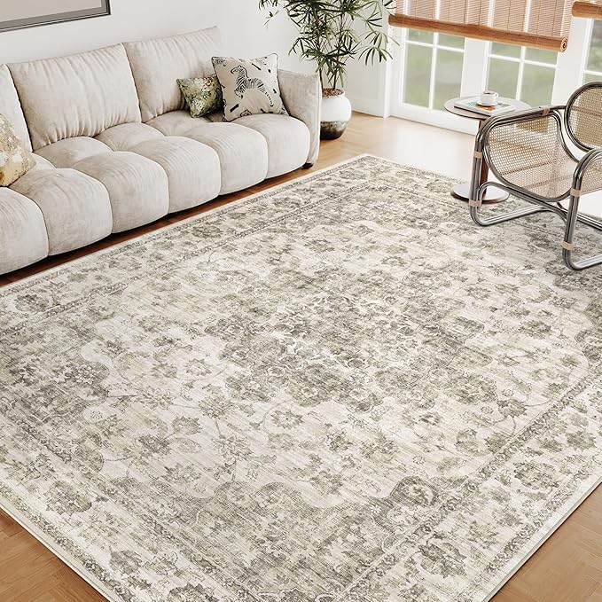 8x10 Washable Neutral Area Rug Taupe Vintage Living Room Bedroom Carpet Non-Slip Soft Low Pile Farmhouse Large Throw Rug for Dining Room Entryway Office
