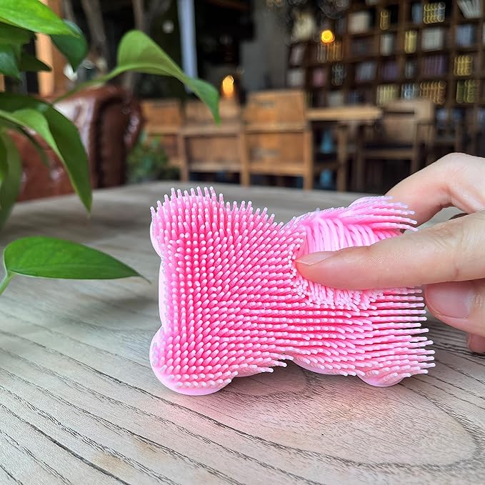 Premium Sensory Brush for Kids or Autism,Soft Silicone Body Scrubber,2 in 1 Sensory Room Occupational Therapy Sensory Brushes,Silicone Loofah,Pet Shower Brush Bath Brush Shampoo Brush(Bear-Pink)
