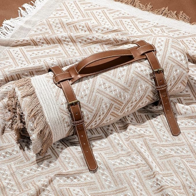 VitalCozy Waterproof Picnic Blankets Outdoor Blanket Foldable 2 in 1 Double Layer Sandproof Beach Mat with Carry Strap for Camping Lawn Park Beach Grass(Khaki)