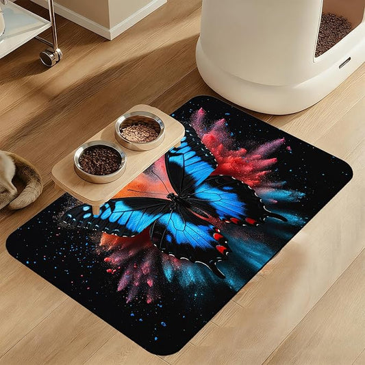 Blue Butterfly on Blooming Pet Feeding Mat–Quick Dry Absorbent Dog Cat Food Mat, Non Slip Waterproof Bowl Placemat for Messy Eaters, Pet Accessories for Floors 16"x24"