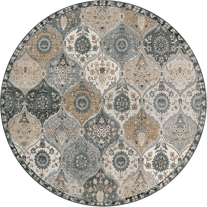 Lahome Moroccan Washable Round Area Rug, Soft Vintage Round Rugs 6ft for Dining Room Bedroom, Ultra-Thin Non-Slip Distress Large Circle Carpet for Living Room Nursery Elise, Grey