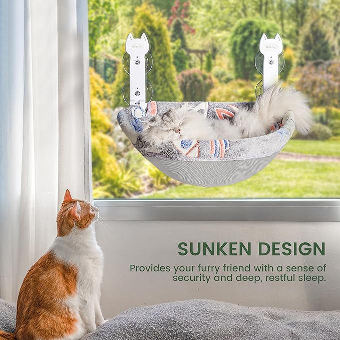 HiPetpy Cat Window Perch, Glow in The Dark Foldable Cat Hammock with Sunken Design & Removable Soft Cover, Breathable Cordless Window Bed for Resting Indoor Kitten (Grey Deep Perch, Medium)