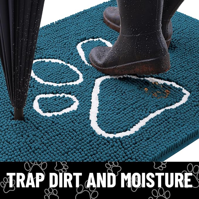 Smiry Dog Door Mat for Muddy Paws, Absorbent Dirt Trapper Non Slip Quick Dry Washable Chenille Mat for Mud Dogs, Entry Rug for Indoor and Outdoor (59x35 Inches, Atlantic Blue and White)