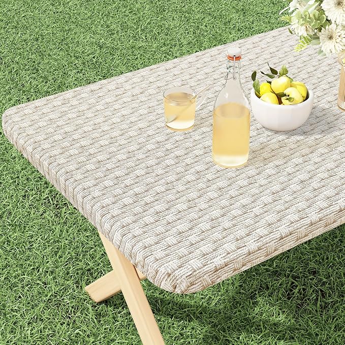 misaya Rectangle Vinyl Tablecloth, Fitted Table Cover, 100% Waterproof, Elastic Edge, Flannel Backing, Table Cloth Fit 4 Foot Folding Tables for Picnic, Camping, Outdoor (Weave, 24x48 inch)