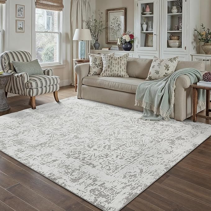6x9 Fluffy Area Rug Grey Shag Neutral Carpet for Living Room Soft Medium Pile Floral Rug for Bedroom Dorm Office Dining Room Kitchen Nursery Modern Decor