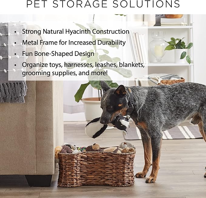 Bone Dry Pet Storage Collection, Bone Shape Hyacinth Toy Basket, White Wash, Large - 24x15x9"