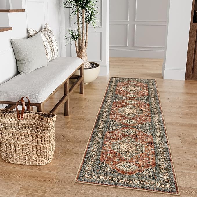 Lahome Oriental Kitchen Runner Rug Non Slip, 2x5 Washable Hallway Runner with Rubber Backing, Vintage Hallway Rug Ultra-Thin Soft Carpet for Bedroom Bathroom Eleanor, Brick Red