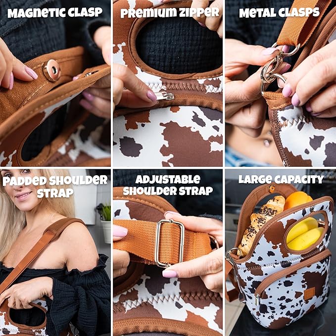 Made Easy Kit Large Insulated Lunch Tote Bag – Stylish Neoprene Carrier Foil Lining, Front Zipper Pocket & Shoulder Strap – Machine Washable, Lightweight, Travel Ready (Brown White Cow)