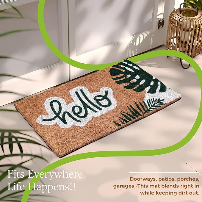 COCONIQ Coir Door Mats 17" X 30", Non-Slip Sturdy, PVC Backed Heavy Duty, Easy to Clean, Ideal for Door Entrance, Patio, Porch, Backyard, Garages, Hello - Green Leaves