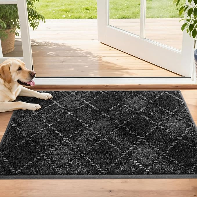 COSY HOMEER Plaid Door Mat 20" x 32",Dirt Trapper Entryway Rugs,Non-Slip Washable Farmhouse Doormat,Low Profile Welcome Mats for Paws Dark Grey
