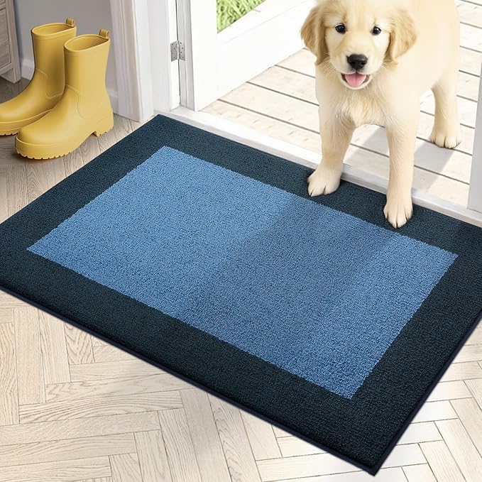 PURRUGS Dirt Trapping Door Mat 20" x 32", Non-Slip Machine Washable Entry Rug, Entrance Mat, Indoor Front Door Mat, Super Absorbent Entryway Rug for Muddy Shoes & Paws, Light Blue & Navy