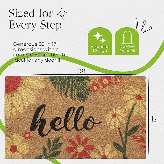 COCONIQ Coir Door Mats 17" X 30", Non-Slip Sturdy, PVC Backed Heavy Duty, Easy to Clean, Ideal for Door Entrance, Patio, Porch, Backyard, Garages, Vibrance of Flora - Hello