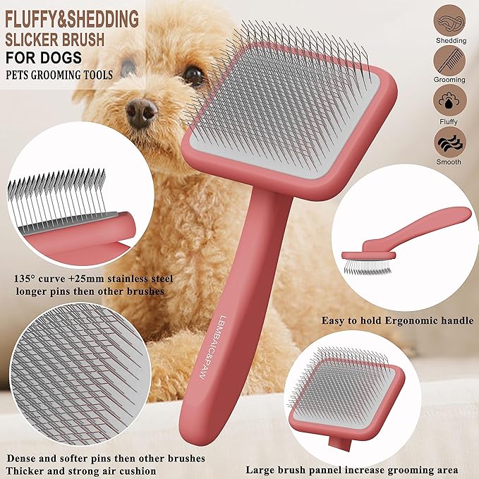 Dog Brushes for Poodle,Doodle,Goldendoodle,Labradoodle Coats Best Slicker Brush for Dogs Thick Long Curly Hair Shedding,Detangles,Fluffy Grooming Soft Long Pin Slicker Brush Dematting.Wooden(Large)