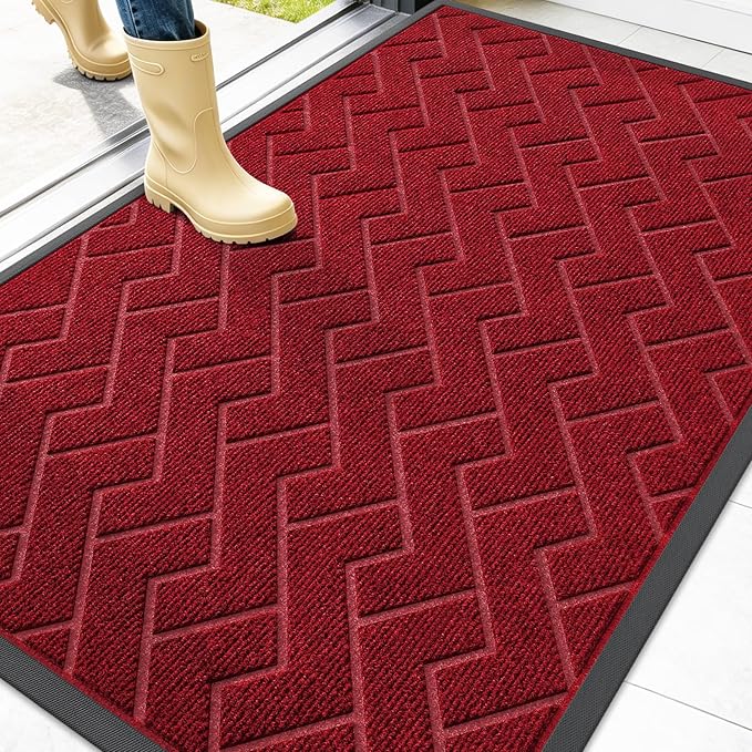 OLANLY Front Door Mat Indoor Outdoor Entrance, Waterproof All-Season, All-Weather Doormat, Sturdy Natural Rubber, Low Profile, Easy Clean Patio Porch Entryway Mat, Herringbone Brick (Wine Red, 47x32)